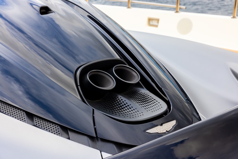 Exhaust and badge detail on the Aston Martin Valhalla
